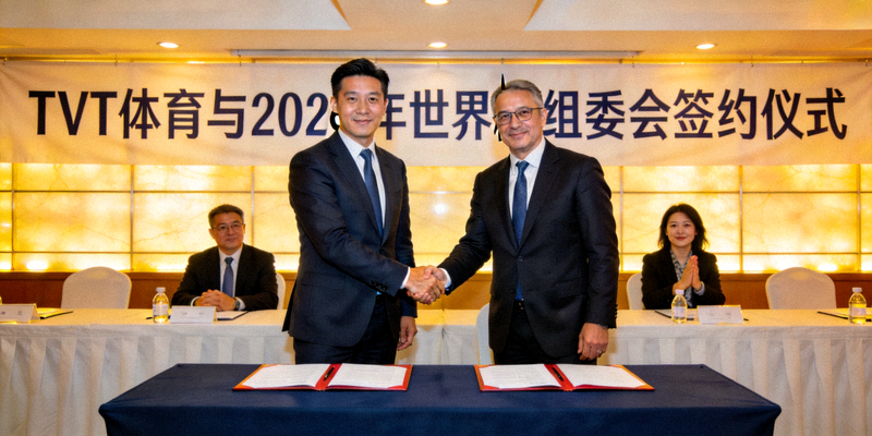 TVT体育与2026年世界杯组委会签约仪式现场 - 双方代表握手